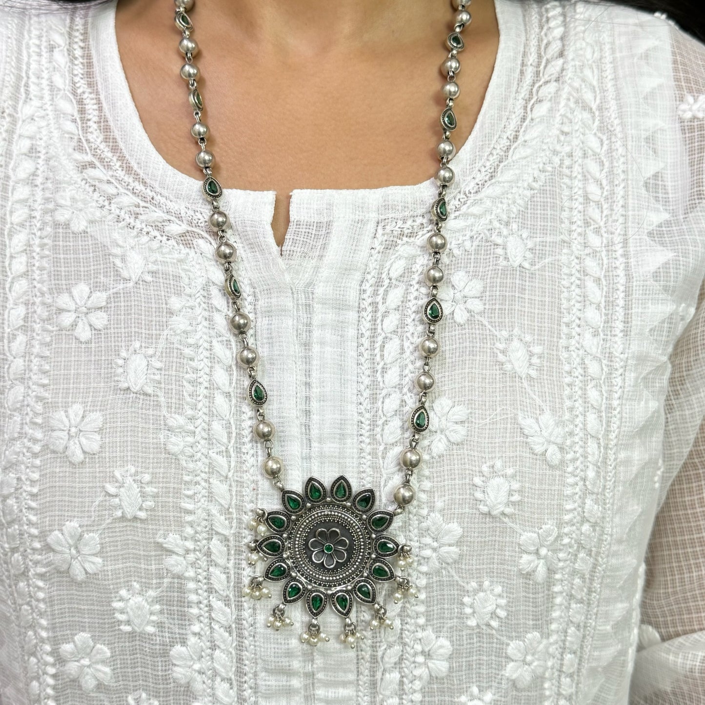 Floral Green Oxidised Long Necklace