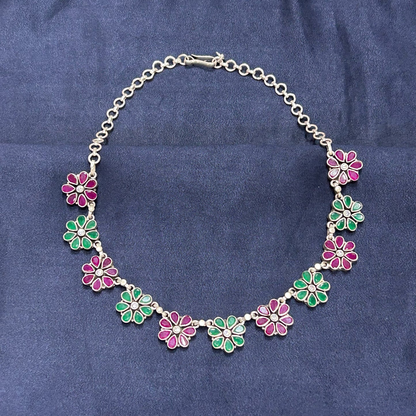 Floral Ruby and Emerald Necklace Oxidised