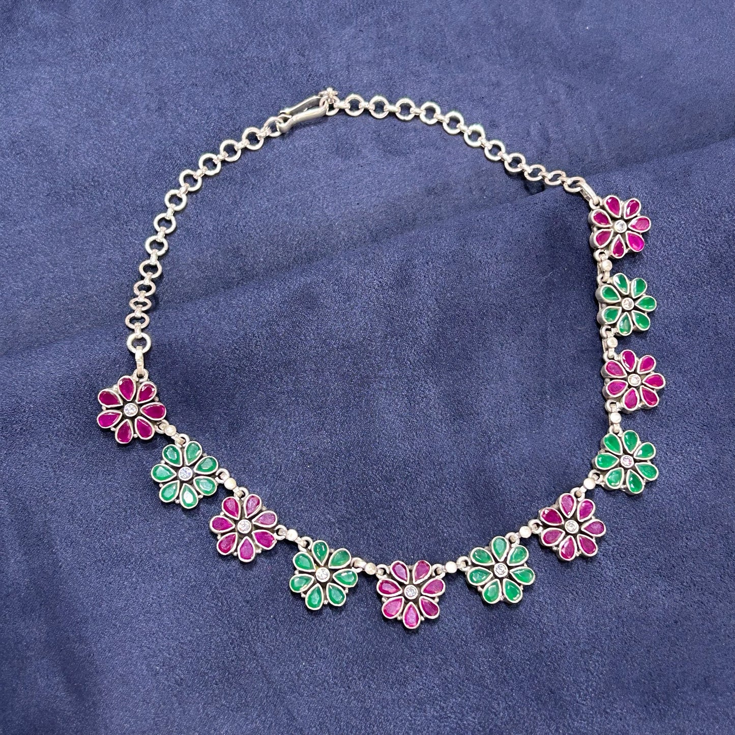 Floral Ruby and Emerald Necklace Oxidised