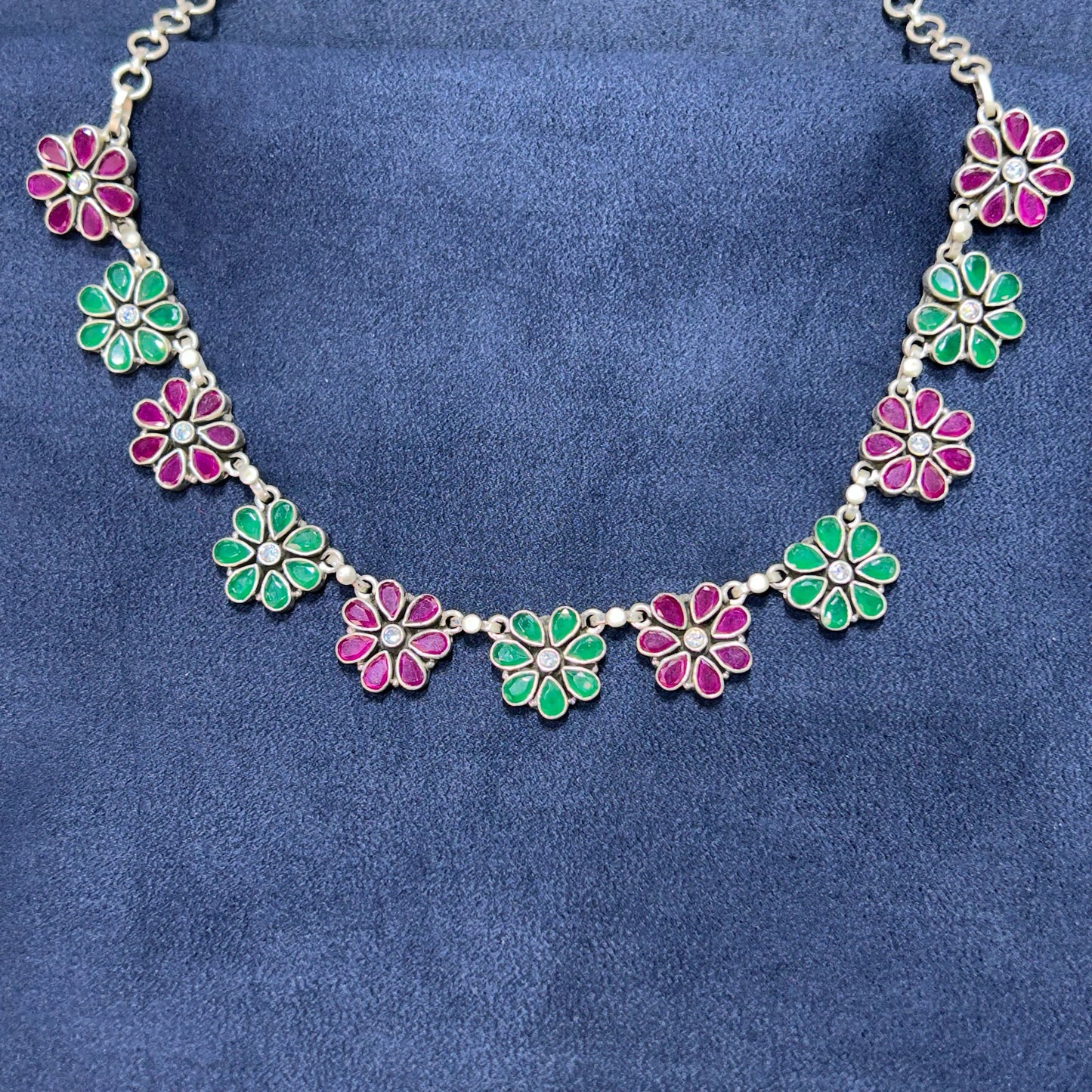 Floral Ruby and Emerald Necklace Oxidised