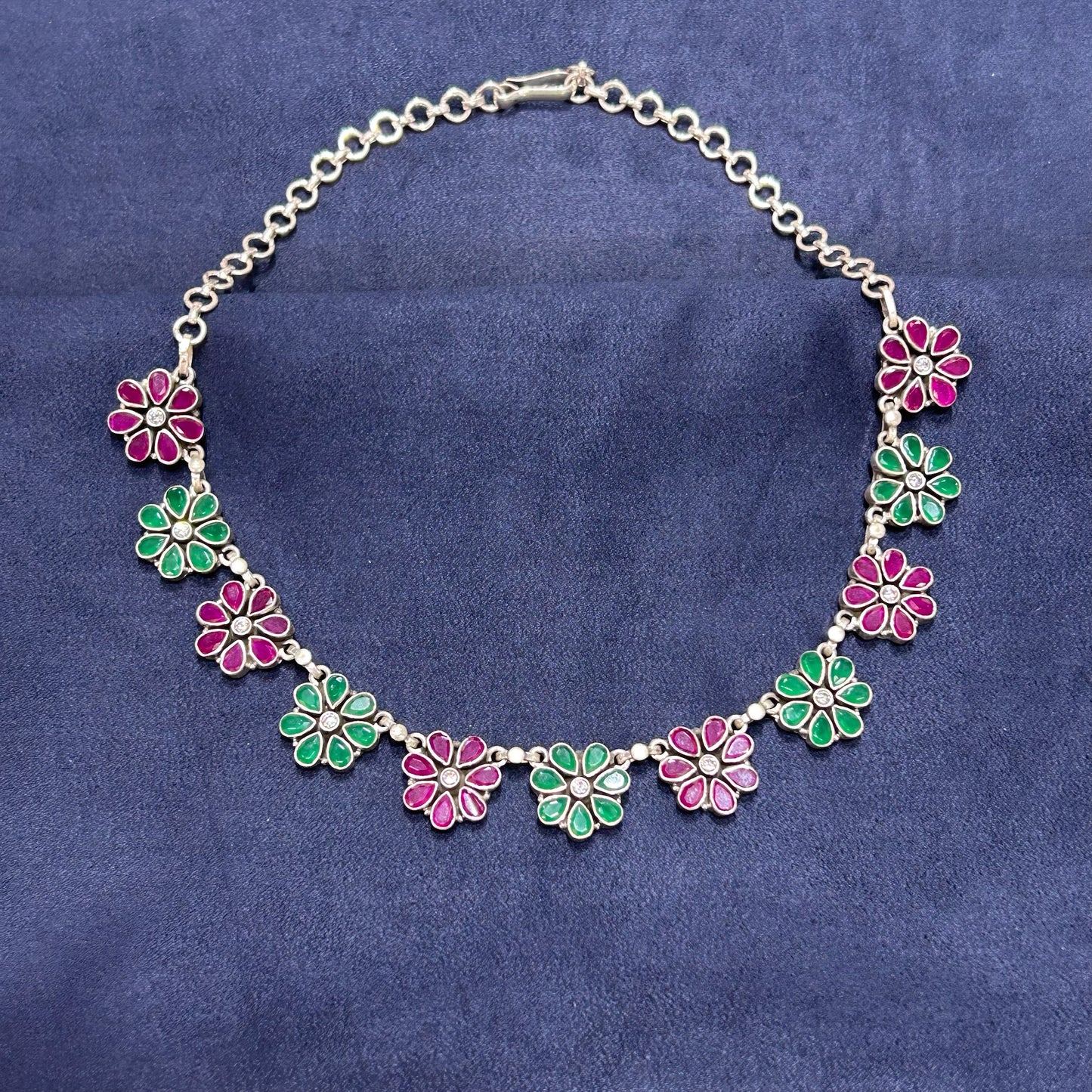 Floral Ruby and Emerald Necklace Oxidised