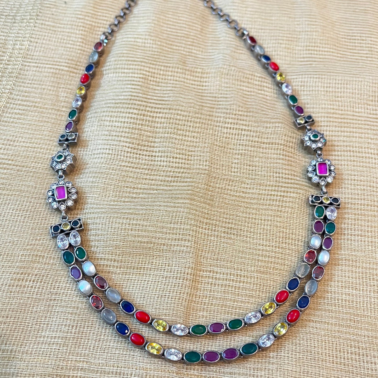 Reversible Navratan and Ruby Oxidised Necklace