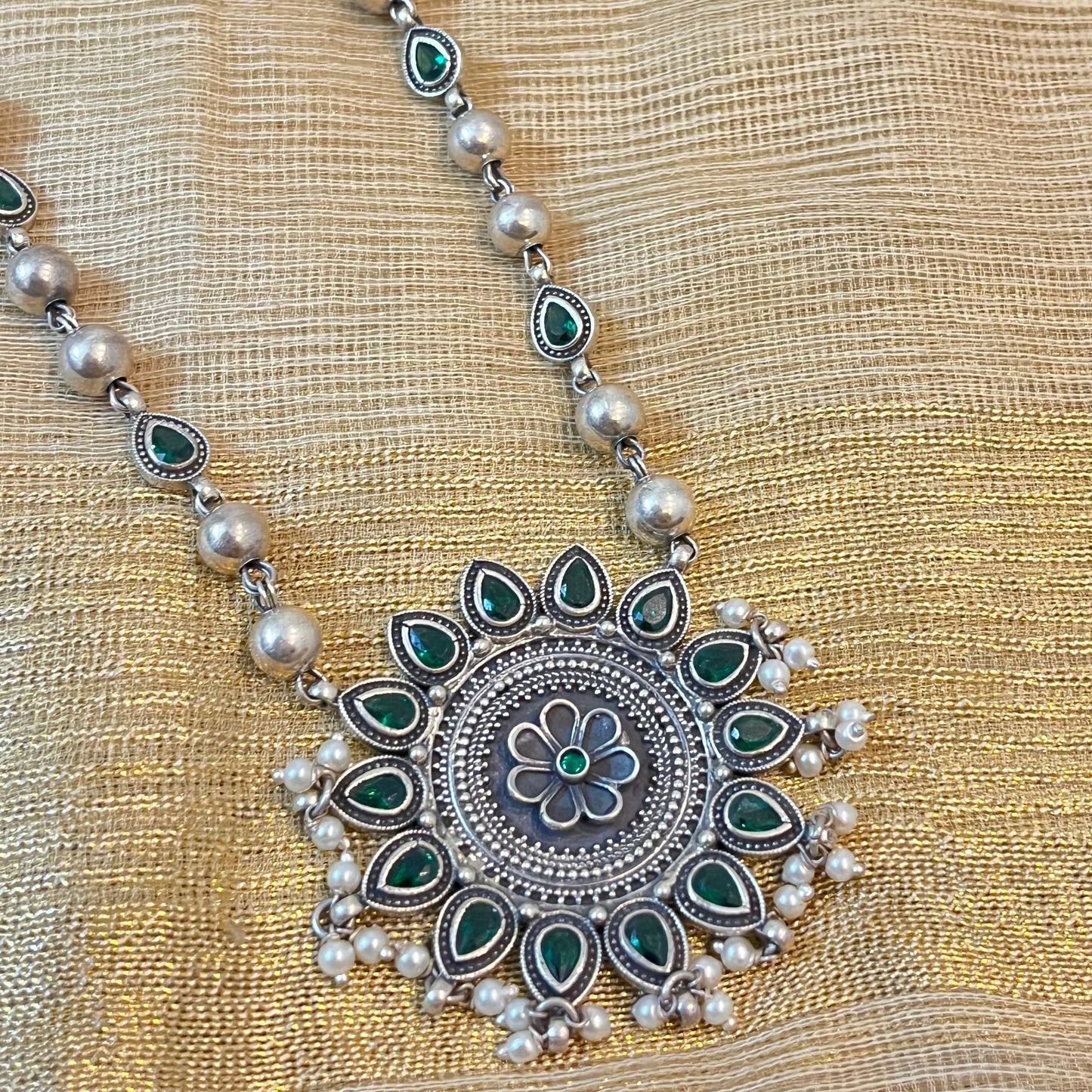 Floral Green Oxidised Long Necklace