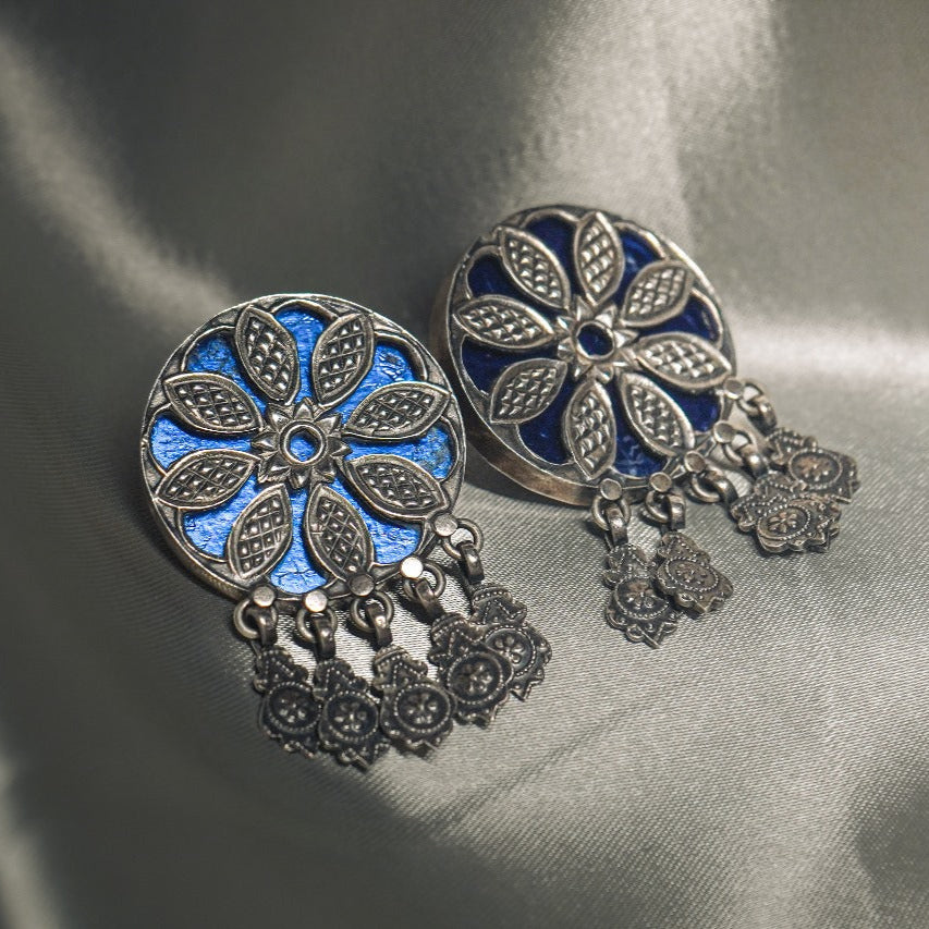 Hand painted Indian Floral Blue 92.5 Sterling Silver Earrings