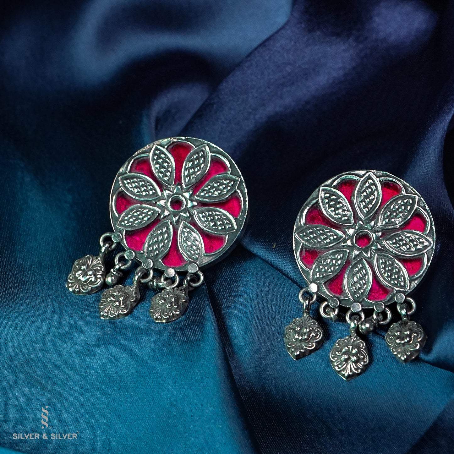 Hand painted Indian Floral Pink 92.5 Sterling Silver Earrings