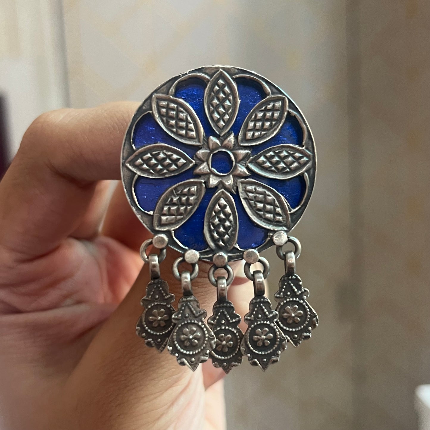 Hand painted Indian Floral Blue 92.5 Sterling Silver Earrings