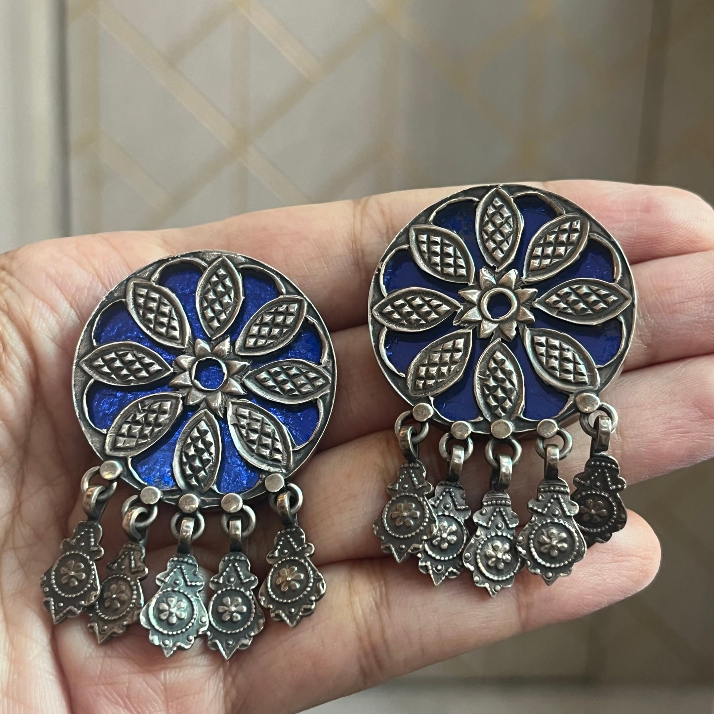 Hand painted Indian Floral Blue 92.5 Sterling Silver Earrings