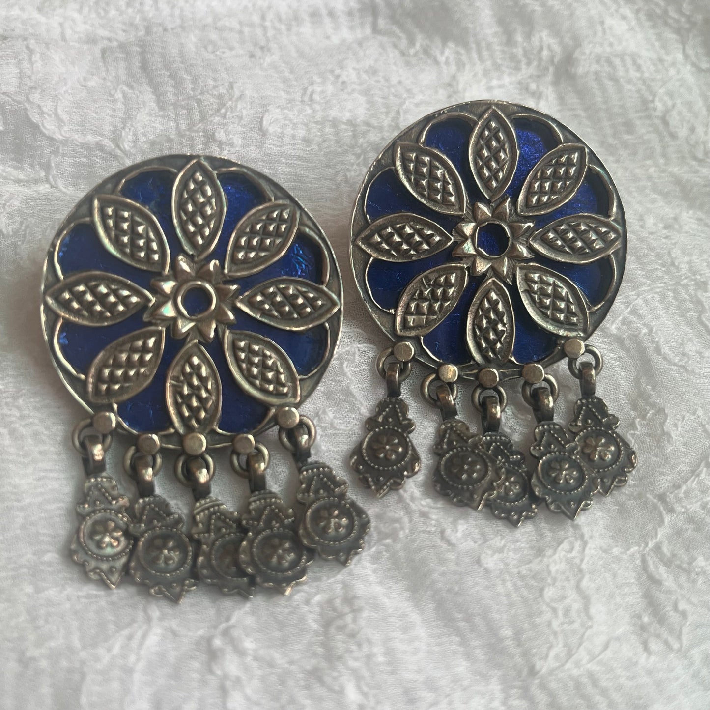Hand painted Indian Floral Blue 92.5 Sterling Silver Earrings