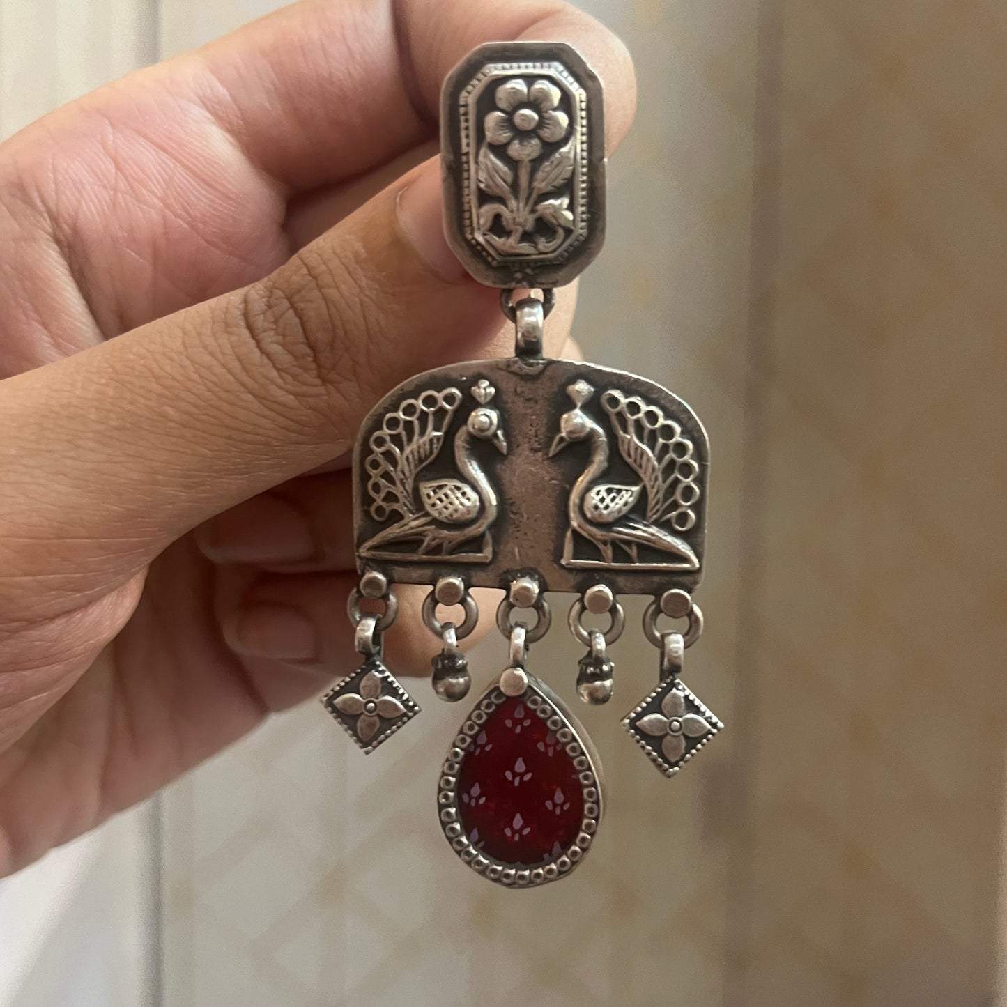Handpainted Peacock Motif Red 92.5 Sterling Silver Earrings