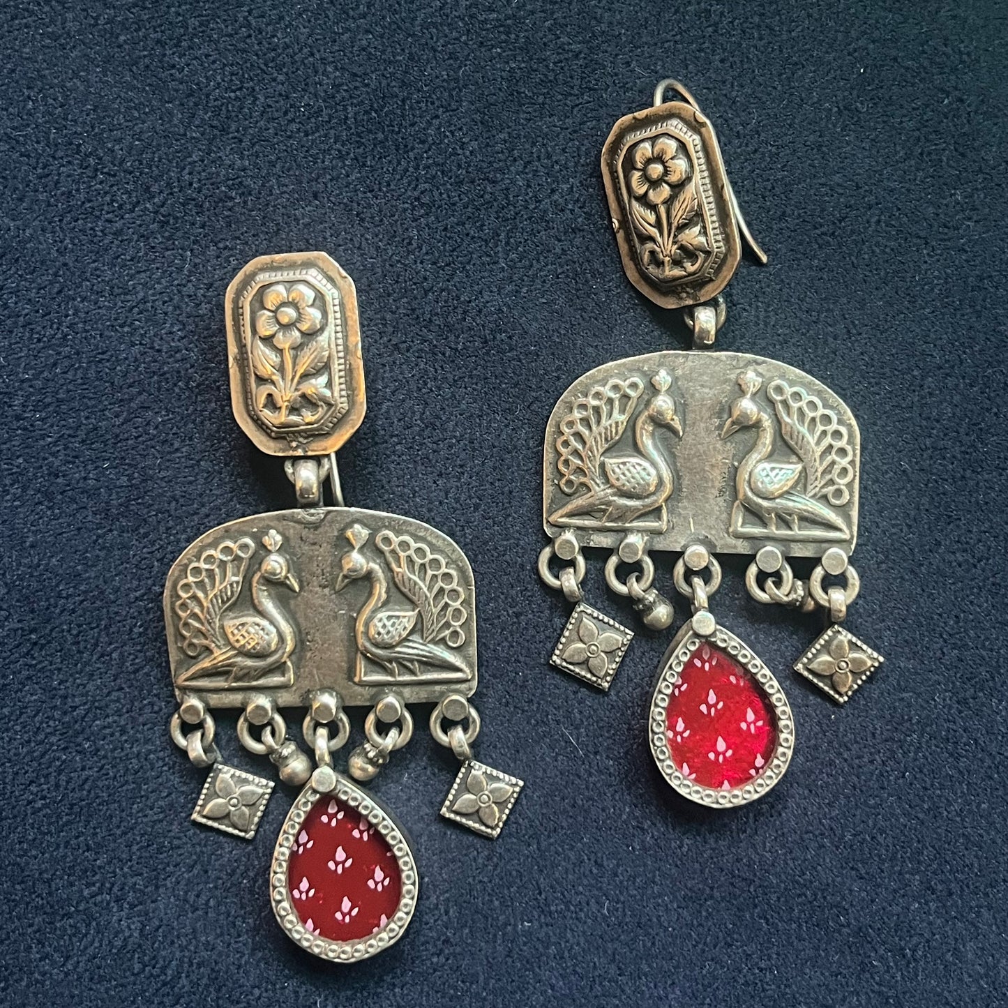 Handpainted Peacock Motif Red 92.5 Sterling Silver Earrings