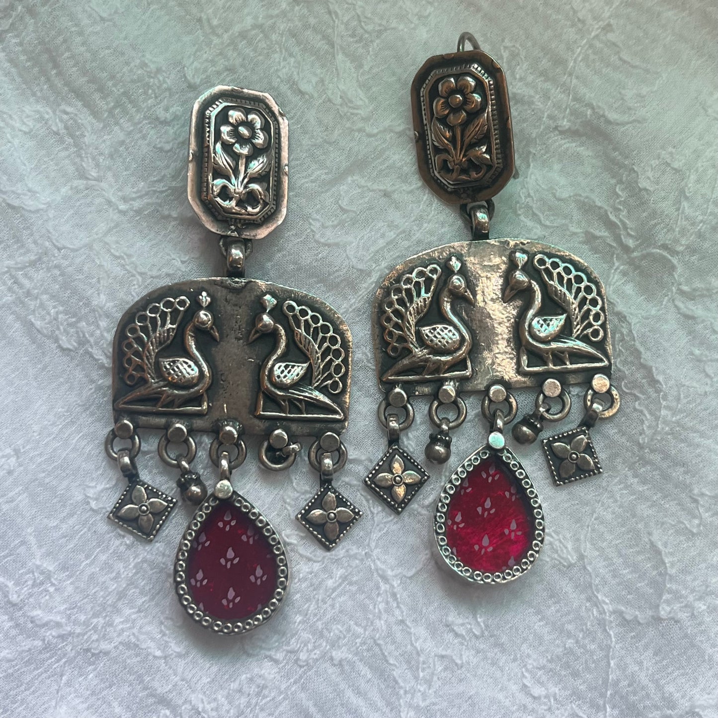 Handpainted Peacock Motif Red 92.5 Sterling Silver Earrings